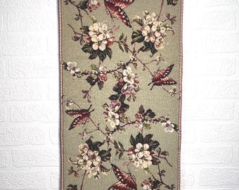 Vintage woven table runner with butterflies and apple/cherry blossoms in light green with meticulous details / 33 x 120 cm
