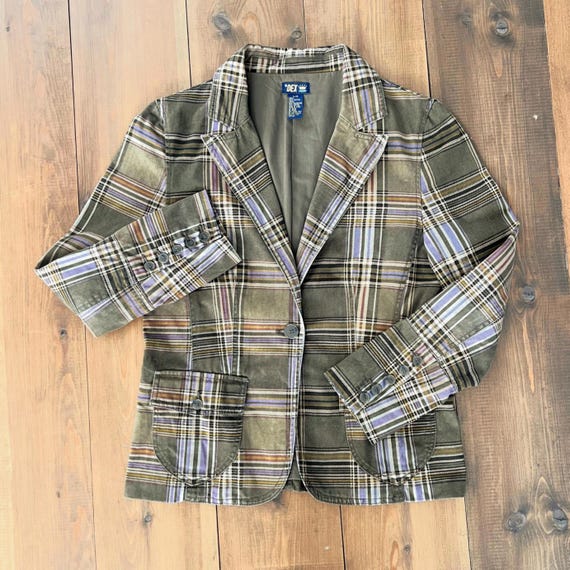 Blazer à carreaux couleur kaki et marron DEX vintage Y2K style anglais / Dark academia / Taille Large
