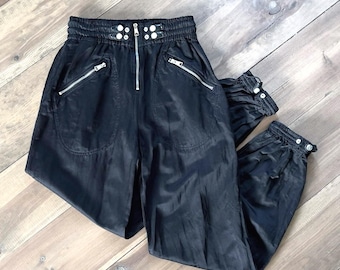 DIESEL Y2K black satin jogger-style trousers with zip and snap buttons / Medium size