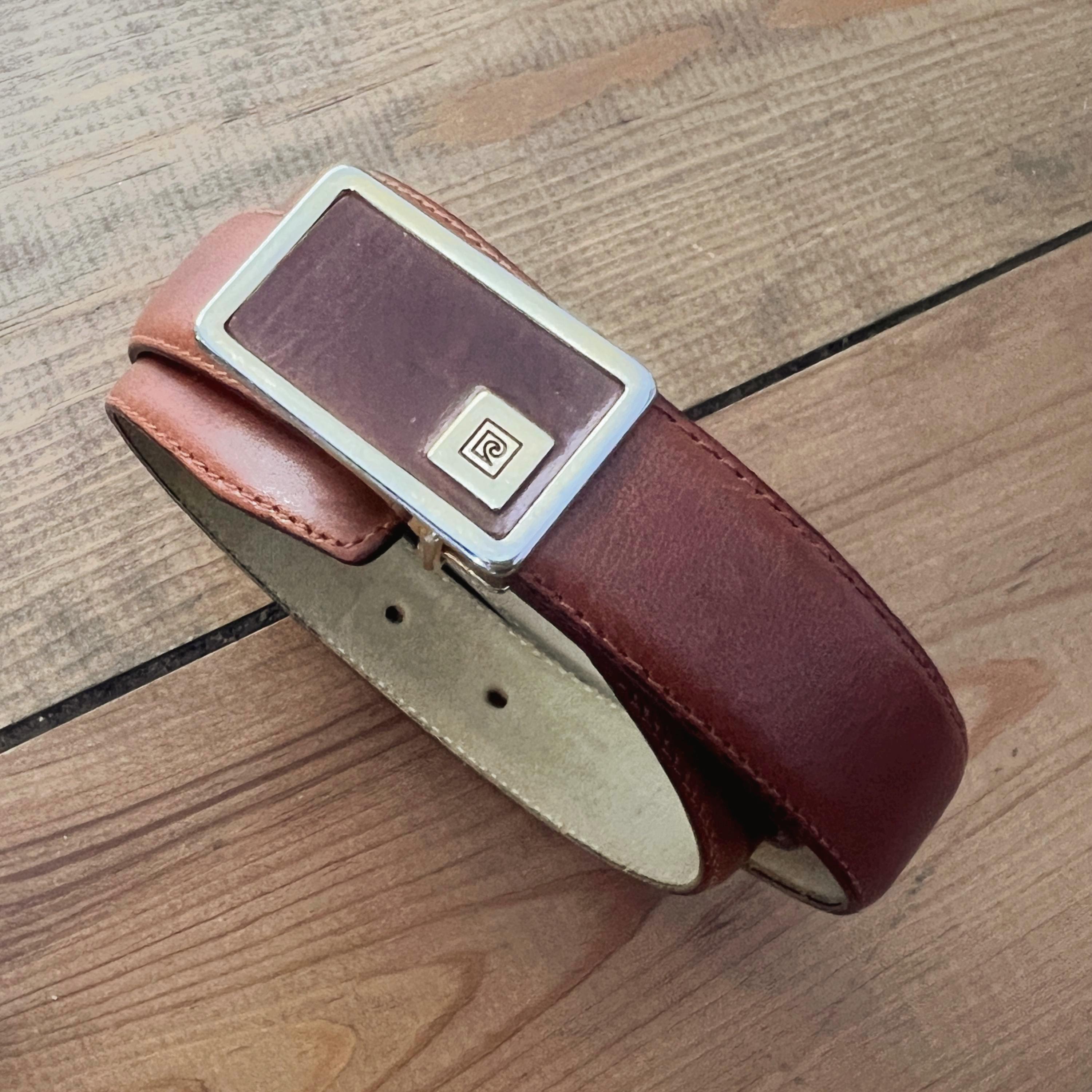 Vintage Brown Pierre Cardin Leather Belt, Rectangular Gold  display picture 1