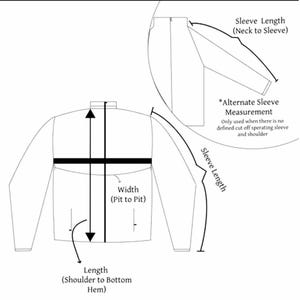 May include: Diagram showing how to measure the length, width, and sleeve length of a garment. The diagram shows a black and white illustration of a shirt with measurements labeled in inches.