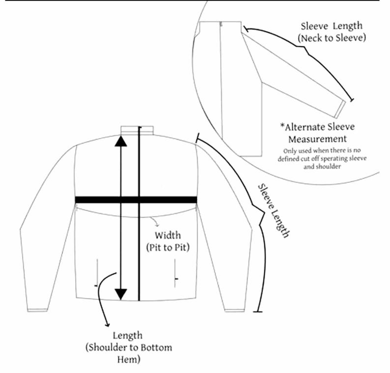 May include: Diagram showing how to measure the length, width, and sleeve length of a garment. The diagram shows a black and white illustration of a shirt with measurements labeled in inches.