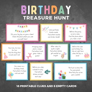 Chasse au trésor d&#39;anniversaire pour enfants | Jeu de chasse au trésor à imprimer | Activité amusante avec des indices pour une fête d&#39;enfants | Jeu de cartes à énigmes d&#39;intérieur