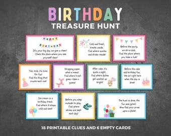 Búsqueda del tesoro de cumpleaños para niños / Juego de búsqueda del tesoro imprimible en casa / Actividad divertida de pistas para fiestas infantiles / Juego de acertijos para interiores