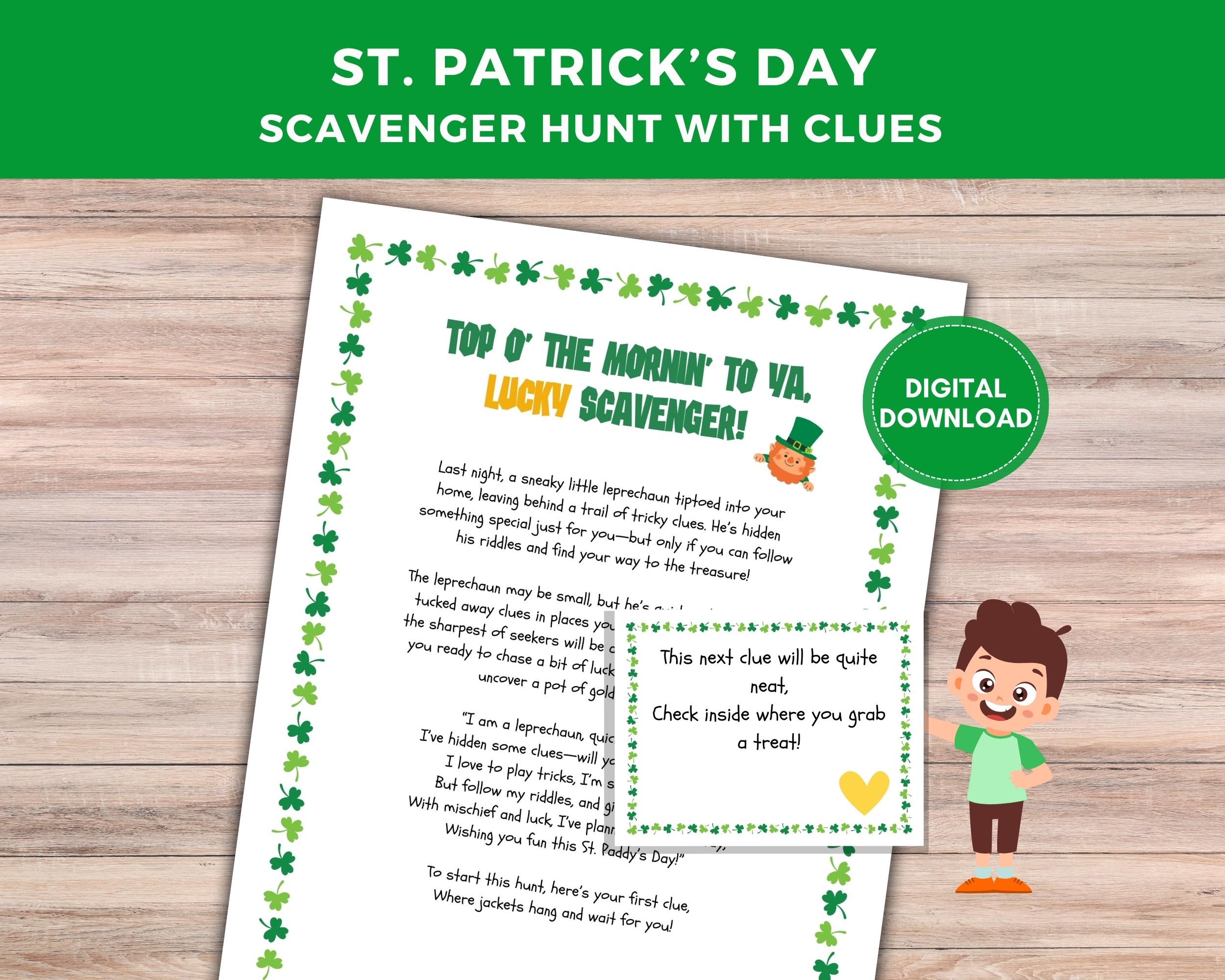 子供向けの聖パトリックデーの宝探し、子供向けの印刷可能な聖パトリックのアクティビティ、屋内と屋外の手がかりゲーム、レプラコーン狩りアクティビティ -  Etsy 日本