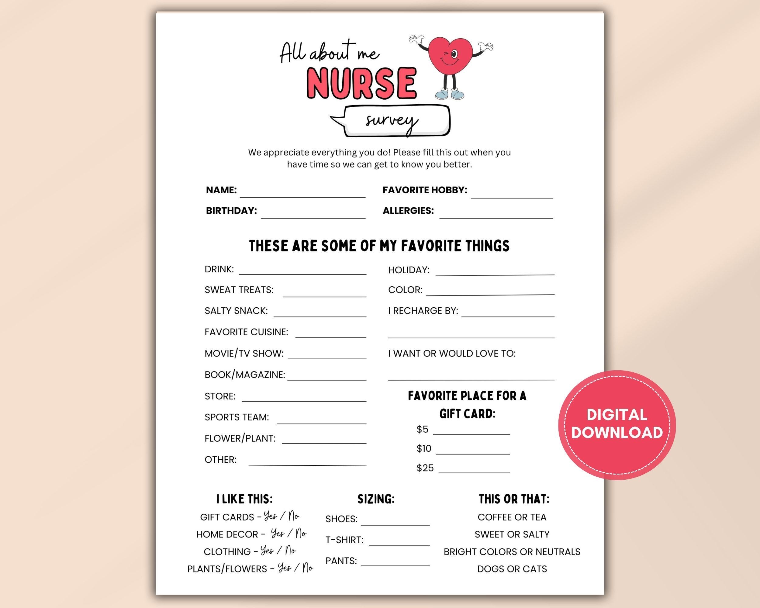 Questions Nurses Should Know Printable Nurse Appreciation Gift Questionnaire | All About Me Nurse ...