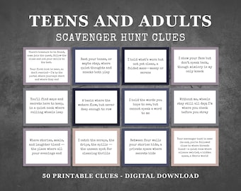 Może przedstawiać: Grafika do pobrania cyfrowego z tekstem "TEENS AND ADULTS SCAVENGER HUNT CLUES". Obraz zawiera 12 kart z wskazówkami z podpowiedziami tekstowymi. Na dole obrazu widnieje napis "50 PRINTABLE CLUES - DIGITAL DOWNLOAD."