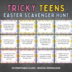 May include: Twenty printable Easter scavenger hunt clues with colorful Easter egg designs. Each clue is a rhyming riddle with a fun Easter theme.
