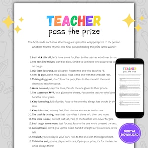 May include: A printable game for teachers called "Teacher Pass the Prize". The game includes instructions and 15 clues for passing a wrapped prize around a group of teachers.