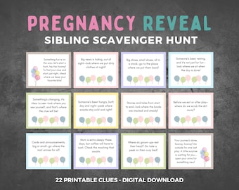May include: A set of 22 printable clues for a sibling scavenger hunt to reveal a pregnancy. The clues are on pastel pink, blue, and green cards with balloons and text. The text on the cards includes phrases like "Something fun is on the way", "Big news is hiding", "Someone's been resting", and "Your journey's done".