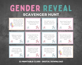 Könnte beinhalten: Ein Satz von 22 druckbaren Hinweisen für eine Gender Reveal-Schnitzeljagd. Jeder Hinweis ist auf einer rosa oder blauen Karte mit einem Cartoon-Ballontier gedruckt. Die Karten enthalten Text wie "Junge oder Mädchen - was wird es sein?" und "Die Jagd ist vorbei, die Hinweise sind durch - jetzt geht es zu dem Ort, an dem die Träume des Babys wahr werden!"