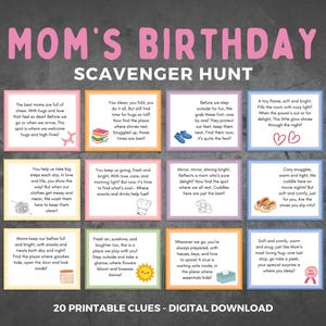 Afdrukbare moederspeurtocht | Moeders verjaardagscadeau mandspel | Mom Appreciation Treasure Hunt voor kinderen | Activiteit met aanwijzingskaarten voor binnen en buiten