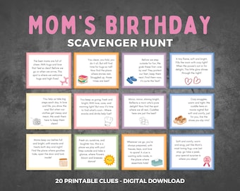 Printable Mom Scavenger Hunt | Moms Birthday Gift Basket Game |Mom Appreciation Treasure Hunt for Kids |Indoor & Outdoor Clue Cards Activity