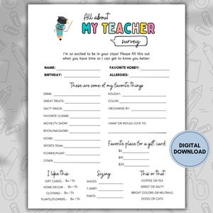 Teacher Favorites Questionnaire | Printable Teacher Favorite Things Form | All About My Teacher Questions | Appreciation Gift Ideas Survey