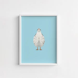 Dibujo animado de un pájaro blanco adorable: manchas negras, líneas simples, diseño minimalista, fondo azul, retrato de cuerpo entero.