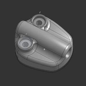 May include: A gray, 3D-rendered object with a rounded, asymmetrical shape. It features two circular openings on top and a cylindrical opening on the side. The object has a smooth, metallic appearance with visible contour lines.