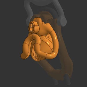 Puede incluir: Renderizado 3D de un objeto abstracto naranja con formas redondeadas y un detalle en forma de ojo de cerradura. El objeto, posiblemente un componente mecánico o un elemento decorativo, se encuentra sobre un fondo gris oscuro. El diseño tiene un aspecto suave y brillante.