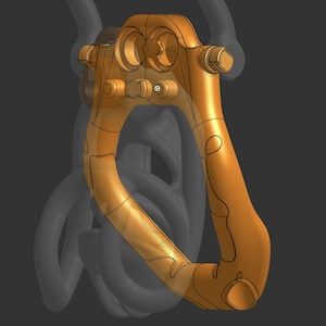 Könnte beinhalten: Ein 3D-gerendertes Objekt in Orangetönen mit einer gebogenen, griffartigen Form. Das Design umfasst mehrere Teile mit kreisförmigen und rechteckigen Elementen. Schwarze Umrisse definieren die Kanten, und ein verschwommener grauer Hintergrund deutet andere Formen an.