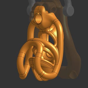 May include: A 3D-rendered, abstract sculpture in a warm, golden-orange hue. The design features interconnected, looping forms with black outline details. The artwork has a smooth, polished appearance against a dark gray background.