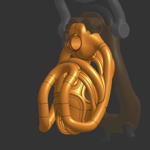 May include: A 3D rendering of a complex, organic-shaped object in a warm, golden-orange hue. The object has multiple curved tubes and a central, rounded structure. Outlines in black define the shapes. The background is a muted gray.