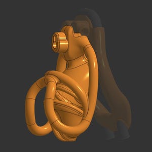 May include: A 3D-rendered, orange-colored object with a keyhole-shaped element and multiple curved, ring-like structures. The design has a smooth, glossy finish and is set against a dark gray background. The object's form suggests a mechanical or industrial design.
