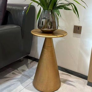May include: A gold-toned side table with a circular top and a wide, conical base. A reflective, metallic gray vase containing a green leafy plant sits on the table surface. The table features a smooth, solid finish and a stable, tapered structure.