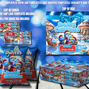 Los Pitufos Nochebuena / Caja de dulces / Caja de regalo / Plantillas / Editable en Canva