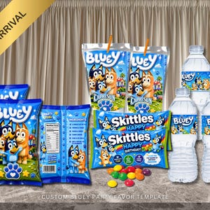 Bluey Cartoon Dog Party Favor Labels, Candy Wrappers, Water Bottle Templates (Digital Download)