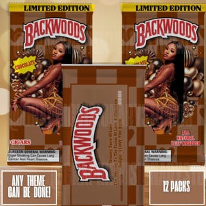 May include: Customizable Backwoods cigar packages with a brown and white checkered pattern. The packages feature a woman in a gold dress and the text "Backwoods" in white letters. The text "Chocolate" and "Cigars" are also visible. The text "Limited Edition" and "All Natural Leaf Wrapper" are also visible. The text "Creamy Taste of Love" and "The Odyssey to the Flavor of Love. A Chocolate Delight - I LOVE YOU XOXO" are also visible. The text "Any Theme Can Be Done!" is visible. The text "12 Packs" is visible.