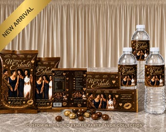 May include: A collection of party favors featuring the Waiting to Exhale theme, including brown snack bags, rectangular chocolate bar wrappers, and clear plastic water bottles with custom labels displaying the movie title and cast imagery.