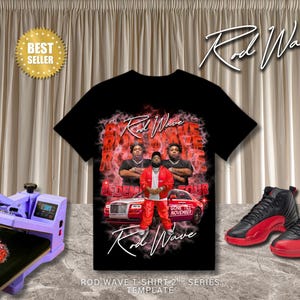 May include: A black t-shirt featuring a graphic print of Rod Wave, a red car, and red smoke effects. The design includes the text Rod Wave and Gone Till November. A purple heat press machine and a pair of black and red sneakers are also visible.