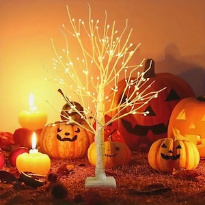 May include: A white birch tree with a string of white lights, surrounded by carved pumpkins. The tree is lit up and the lights are glowing.