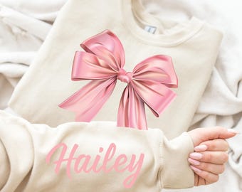 Coquette Pink Bow Custom Name Sweatshirt ,Cute Coquette Top, Personalized Trendy Crewneck for Women, Daughter Gift for Her