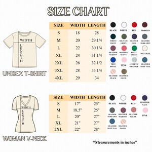 May include: A size chart for unisex t-shirts and v-neck shirts, displaying width and length measurements in inches. The chart includes illustrations of both shirt styles and a color palette featuring black, white, red, maroon, green, blue, and pink shades.