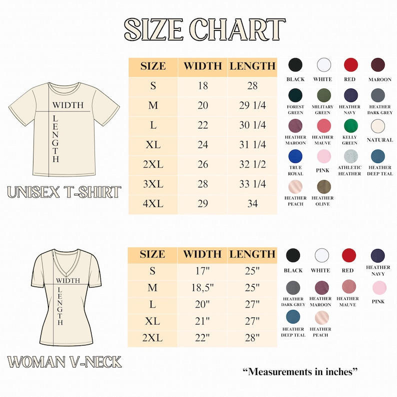 May include: A size chart for unisex t-shirts and v-neck shirts, displaying width and length measurements in inches. The chart includes illustrations of both shirt styles and a color palette featuring black, white, red, maroon, green, blue, and pink shades.