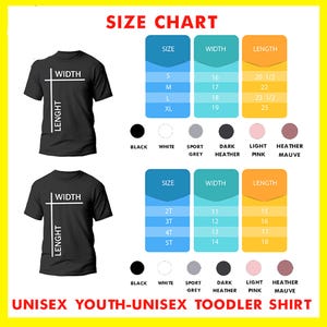 Puede incluir: Tabla de tallas para camisas unisex para j&oacute;venes y ni&ntilde;os peque&ntilde;os. La tabla muestra las medidas de ancho y largo en pulgadas para las tallas S, M, L, XL, 2T, 3T, 4T y 5T. La tabla tambi&eacute;n incluye opciones de color: negro, blanco, gris deportivo, gris oscuro, rosa claro y malva jaspeado.