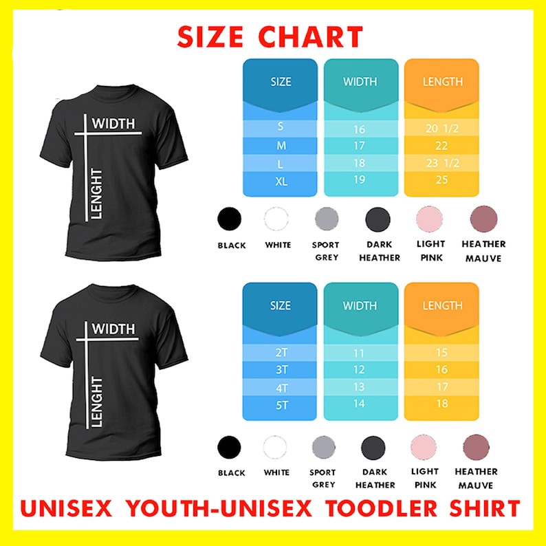 Puede incluir: Tabla de tallas para camisas unisex para j&oacute;venes y ni&ntilde;os peque&ntilde;os. La tabla muestra las medidas de ancho y largo en pulgadas para las tallas S, M, L, XL, 2T, 3T, 4T y 5T. La tabla tambi&eacute;n incluye opciones de color: negro, blanco, gris deportivo, gris oscuro, rosa claro y malva jaspeado.