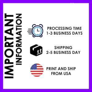 Puede incluir: Gr&aacute;fico de informaci&oacute;n importante con un icono de reloj, una caja con flechas y una bandera de Estados Unidos. El texto dice: Tiempo de procesamiento 1-3 d&iacute;as h&aacute;biles, Env&iacute;o 2-5 d&iacute;as h&aacute;biles, Impreso y enviado desde EE. UU.