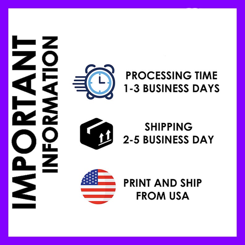 Puede incluir: Gr&aacute;fico de informaci&oacute;n importante con un icono de reloj, una caja con flechas y una bandera de Estados Unidos. El texto dice: Tiempo de procesamiento 1-3 d&iacute;as h&aacute;biles, Env&iacute;o 2-5 d&iacute;as h&aacute;biles, Impreso y enviado desde EE. UU.