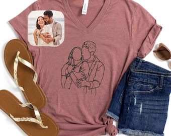 Custom Photo V-Neck Shirts, Portrait from Photo T-shirt, Couples Outline Photo Tees, Birthday Tshirt Gift, Personalized Family Photo,