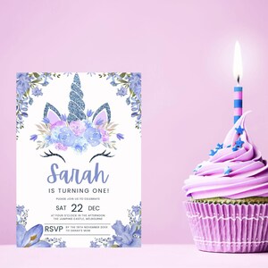 Unicorn Birthday Invitation, purple unicorn, 1st birthday, girls birthday invite, Editable Unicorn Birthday Invitation, Whimsical Fairytale