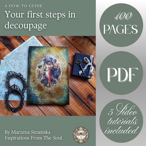 May include: A how-to guide titled "Your first steps in decoupage" with a decorative book, a small dark blue book with a key, and two ornate frames. The guide includes 100 pages, a PDF, and 5 video tutorials.