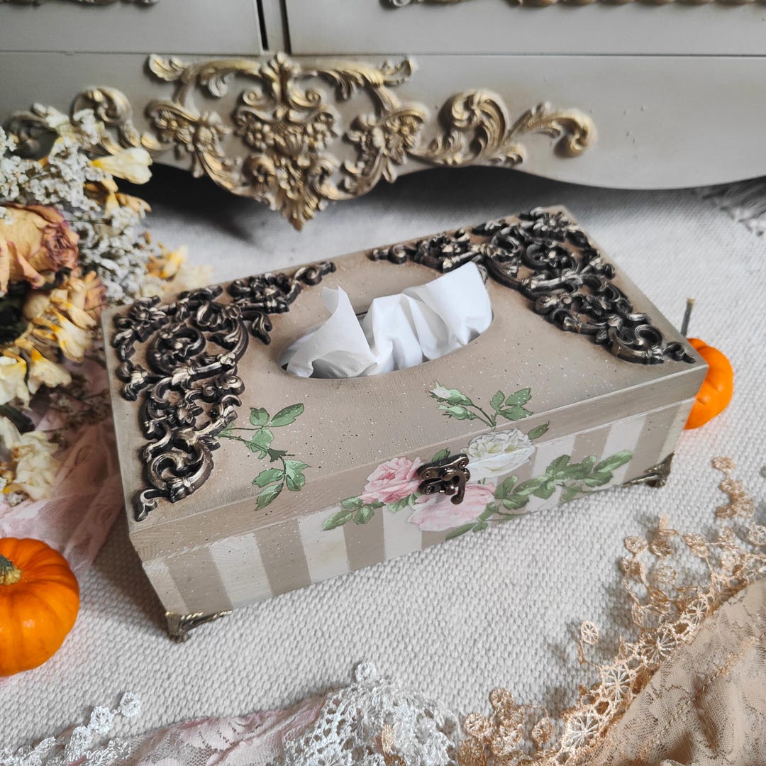 Vintage Shabby Chic Tissue Box Cover – Wooden Tissue Holder With Ornate ...