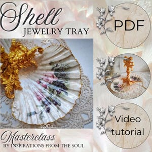 Puede incluir: Un joyero en forma de concha con diseño floral y detalles dorados. La bandeja blanca presenta un patrón floral pintado y un borde dorado. El texto incluye "Shell Jewelry Tray" y "Masterclass".
