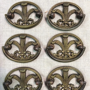 Vintage French Plume Brass Handles - Set of 6