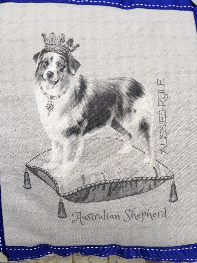 Farmhouse Decor Linen Print on Pillow Dog with Crown on pillow Australian Shepherd in Crown on Pillow| French Country Decor