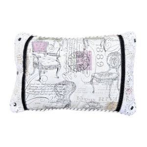 Vintage Chair Print Lumbar Pillow: Shabby Chic Lace & Button Accent