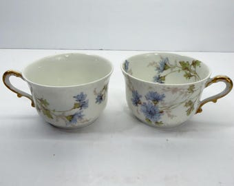 Vintage Haviland Limoges Teacups Set of 2 Blue Cornflower Floral Gold Handle