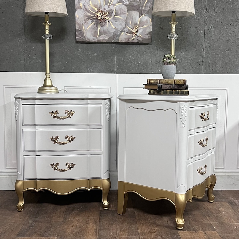 Vintage Set of French Provincial Nightstands, Painted, Gold Dipped image 9