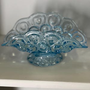 Vintage LE Smith Moon and Stars Ice Blue Glass banana or fruit bowl.